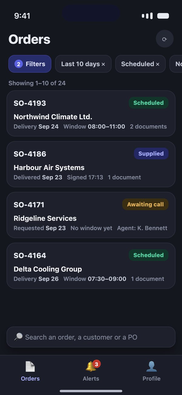 Adam's order list on a phone: each order's status and delivery window