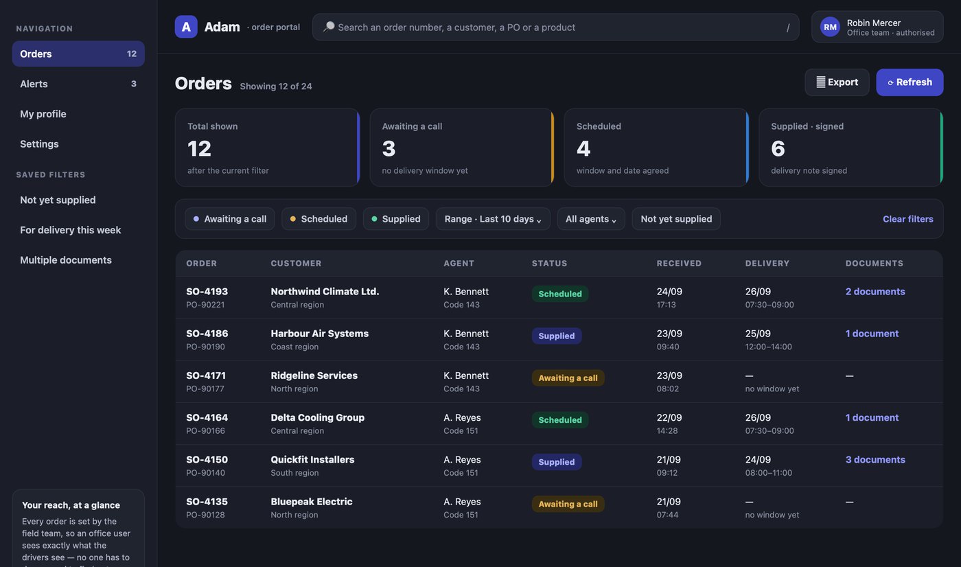 Adam's order portal: order counts by status and a table of recent orders
