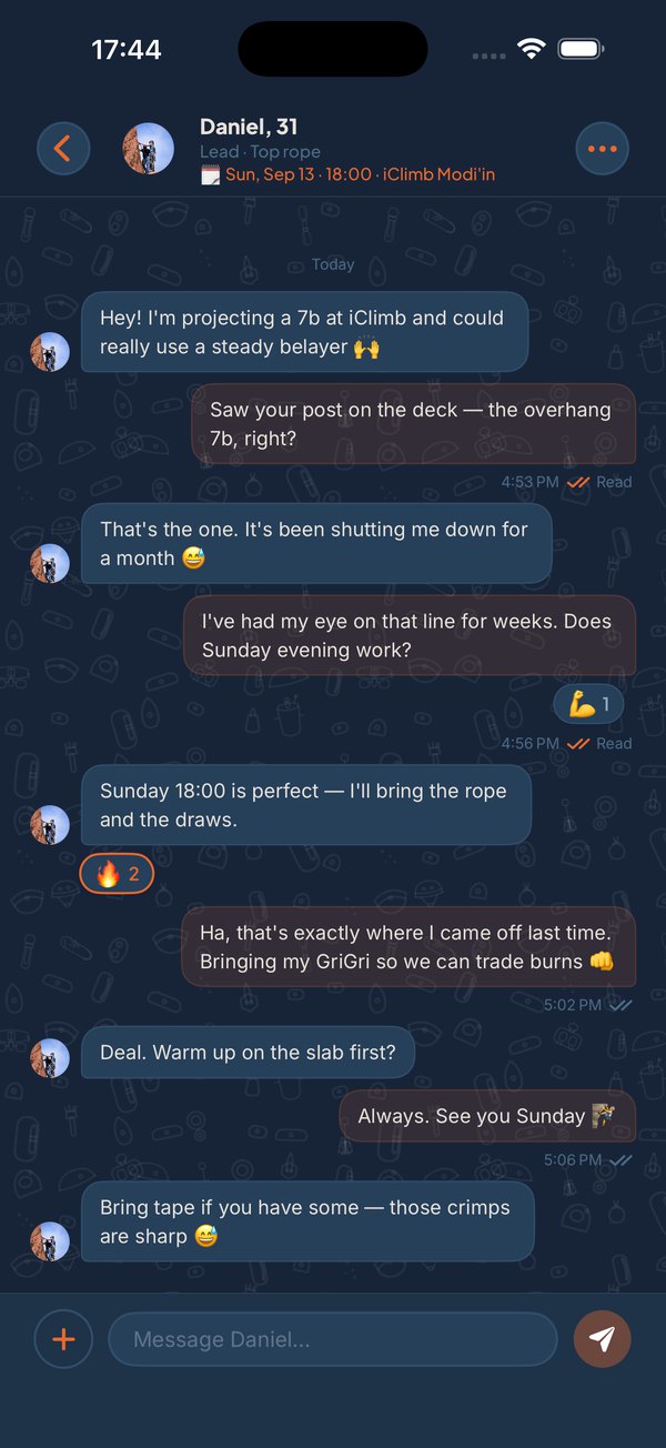 B-Layer's chat: two climbers arranging a Sunday session at their wall