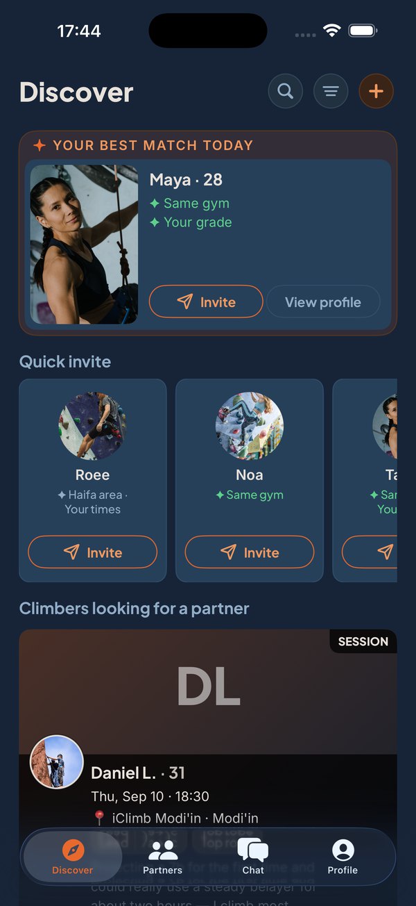 B-Layer's Discover screen: climbers near you who are looking for a partner, each with an invite button