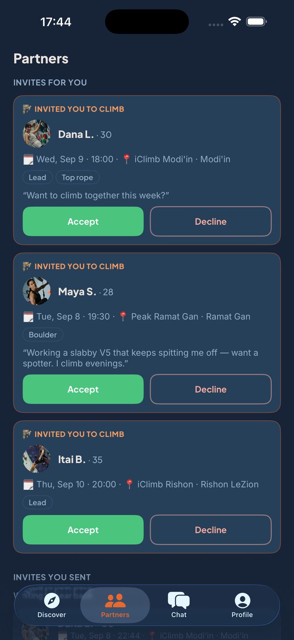 B-Layer's Partners screen, showing climbing partners and their sessions