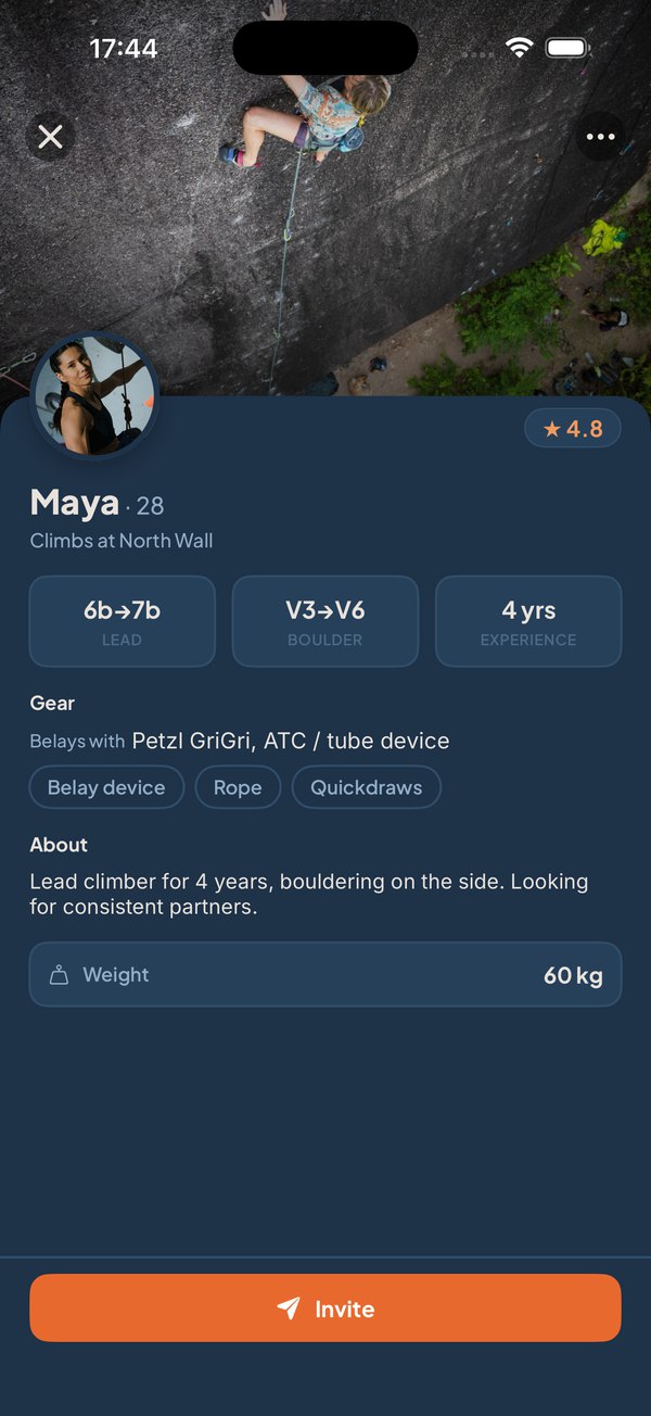 B-Layer's profile screen: a climber's grades, gear and an invite button