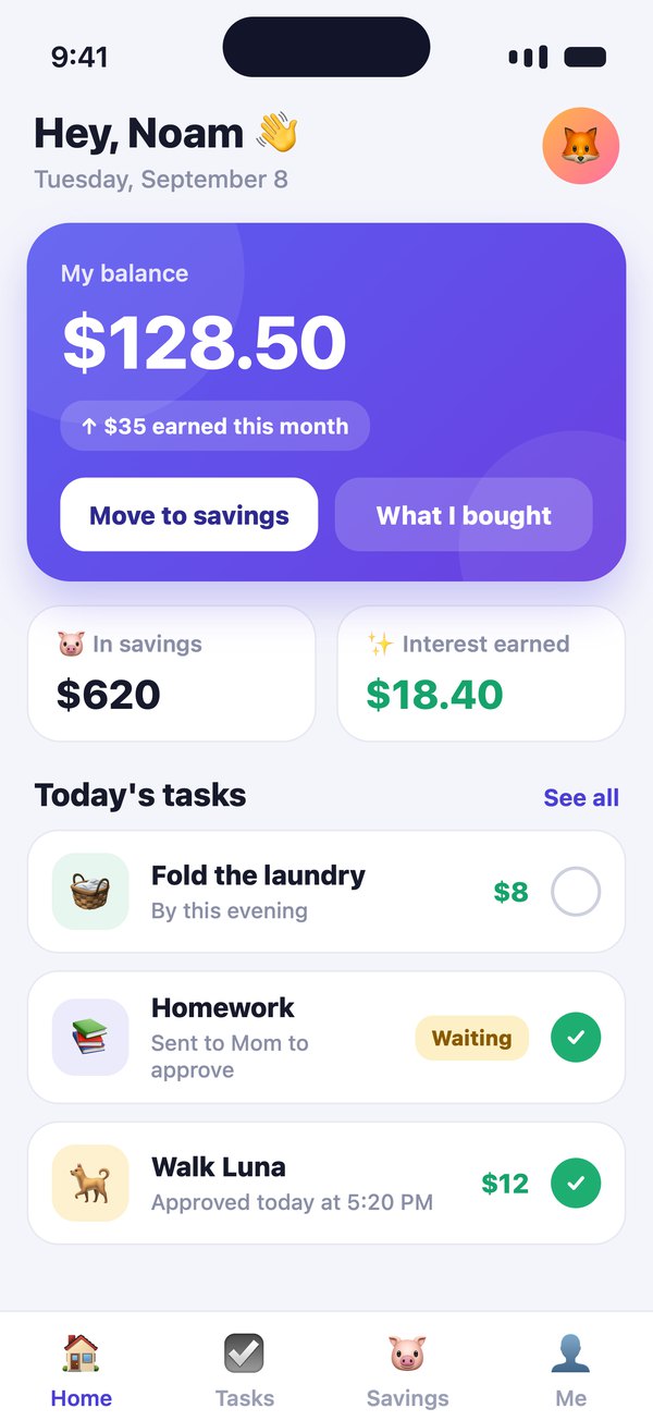 The Kidos home screen: this week's earnings and today's chores