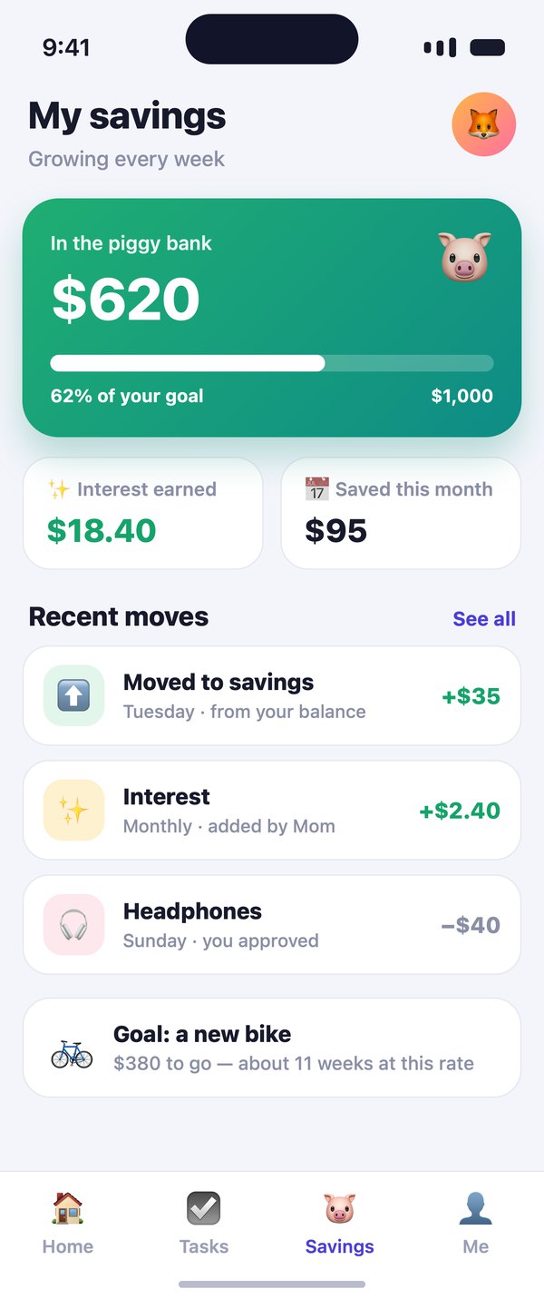 The Kidos savings screen, showing a child's balance