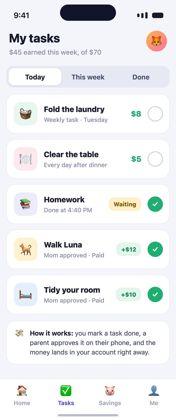 The Kidos tasks screen, with chores a parent approves